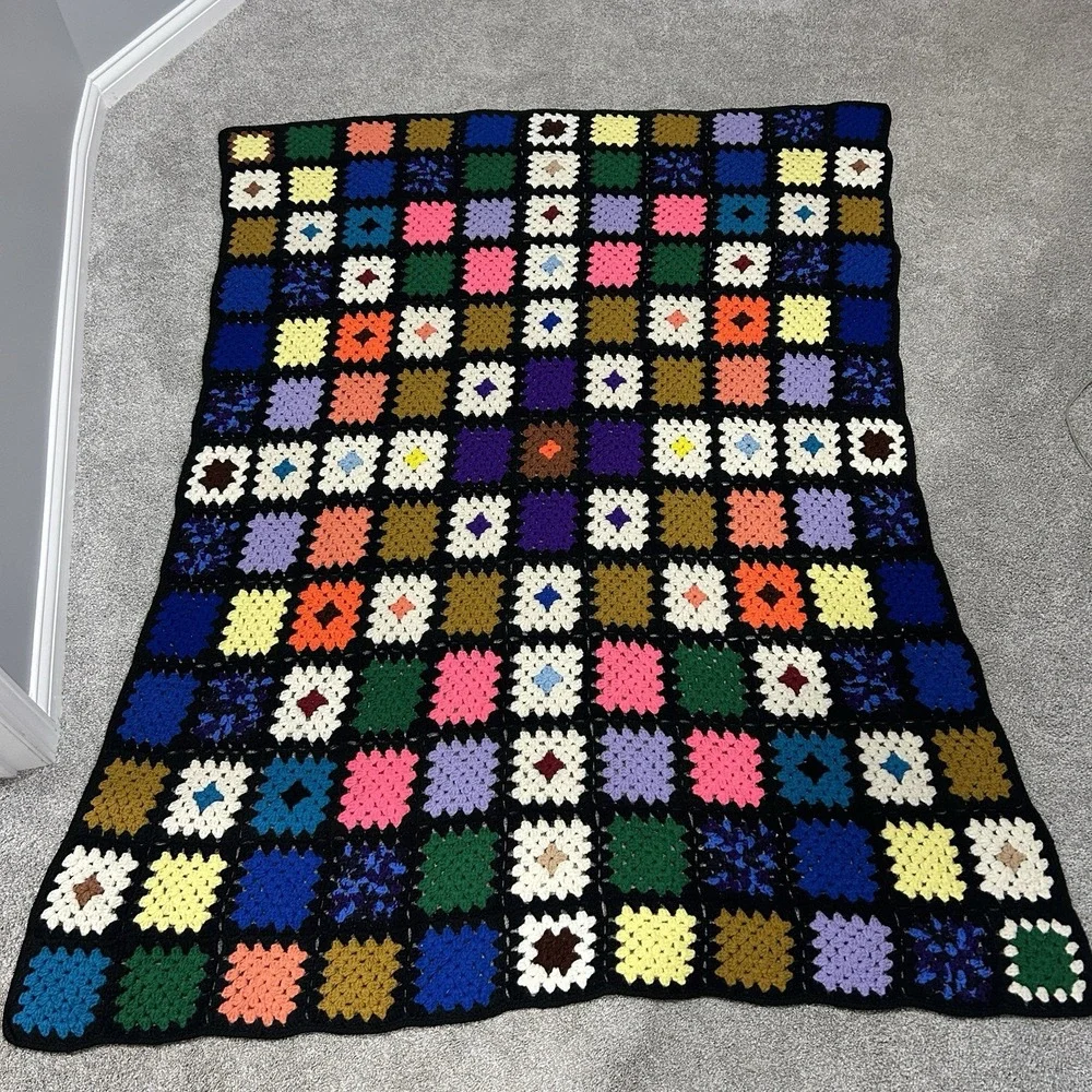 Granny Squares Afghan Black Colorful‎ Handmade Crochet Throw Blanket 68x54